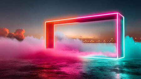 A glowing neon rectangle with pink and blue lights, surrounded by clouds of red and green smoke on a dark background.の素材