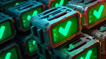 A collection of futuristic, green-lit monitors displaying a checkmark icon in the center, suggesting approval or success within a high-tech environment.の素材