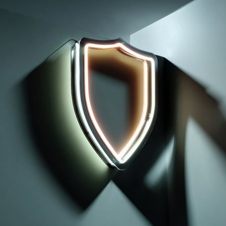 A glowing neon shield symbol on a wall, representing protection or security concepts.の素材