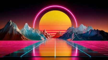 A stunning retro-futuristic landscape featuring a glowing neon path leading towards an eye-catching sunset with pink and yellow hues, surrounded by majestic snow-capped mountains in the distance.の素材