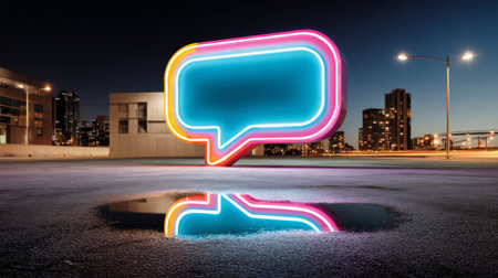 A neon speech bubble sign is lit up in the middle of a city street at night, with buildings and lights reflected on wet pavement below it.の素材