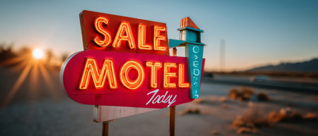 A neon motel sign that says Motel Today with a bright red background and blue arrow pointing to the right, indicating where it is located or what direction one should go.の素材
