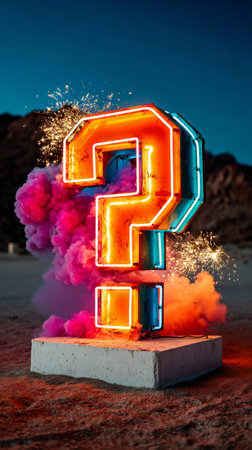 A large, colorful neon question mark surrounded by pink and orange smoke on a concrete block in the desert at night with sparks flying around it.の素材