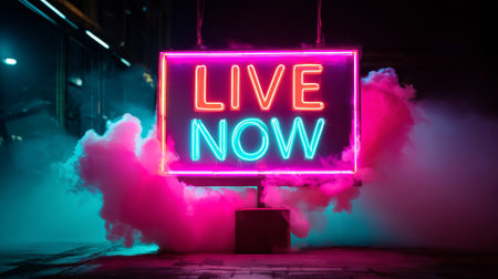 A neon sign that reads 'LIVE NOW' surrounded by pink and blue smoke, suggesting a live event or performance is happening now. The vibrant colors create an energetic atmosphere.の素材