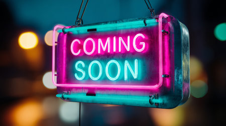 A glowing neon sign that reads 'Coming Soon' in bright pink and blue lights, indicating an upcoming event or product launch.の素材