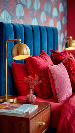A red velvet couch with gold lamps and pillows, set against a blue headboard and vibrant wallpaper backdrop.の素材