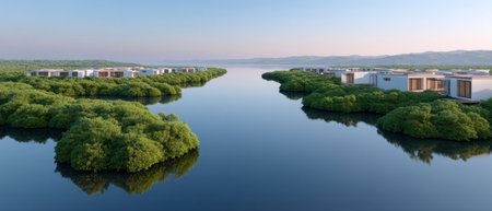 Aerial view of a luxurious resort surrounded by lush green mangroves and calm waters, perfect for relaxation and eco-tourism.の素材