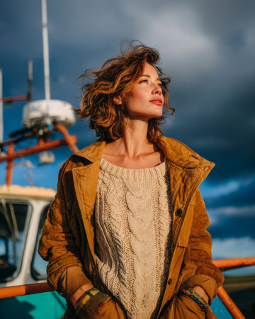 A woman in a brown jacket and cream sweater gazes into the distance, standing on a boat with her hair blowing in the wind against a dramatic sky backdrop.の素材