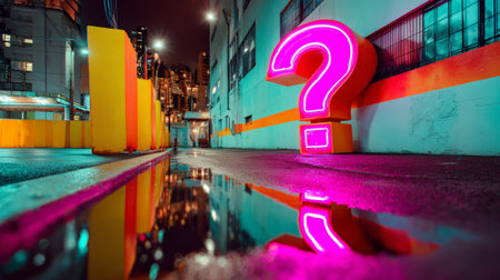 A large pink question mark is lit up in a city street at night, reflecting on the wet pavement below it.の素材