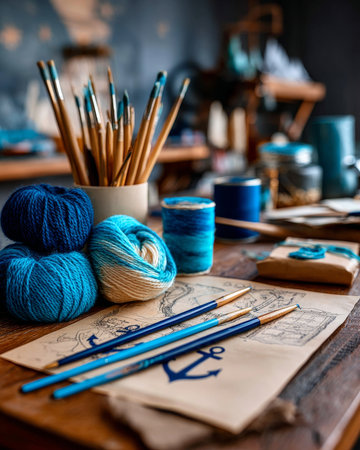 A collection of blue paintbrushes and yarns on a wooden table, with an anchor design in the foreground.の素材