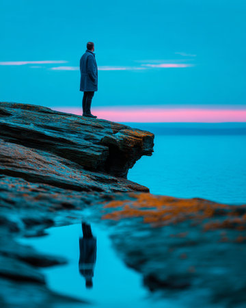 A man in a coat stands on the edge of a cliff looking out over water at dusk or dawn, with his reflection visible below him in calm waters.の素材
