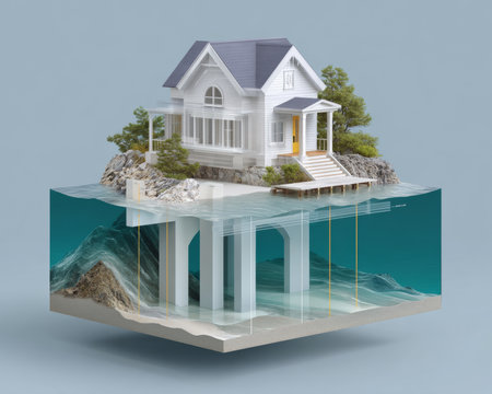 A two-story house with a white exterior and blue roof, perched on stilts above the water level to protect it from rising sea levels due to climate change.の素材