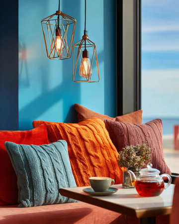 A cozy corner with a view, featuring warm-toned cushions and vintage-style pendant lights casting a soft glow over tea-time essentials on the table.の素材