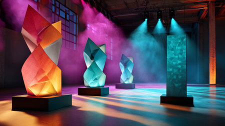 A large, colorful crystal sculpture with a geometric shape and vibrant hues of red, orange, yellow, blue, green, and purple.の素材