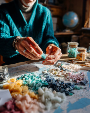 A person is sorting through colorful wool in a cozy room with maps and globes on the table, suggesting they are planning or designing something related to travel or exploration.の素材