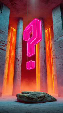 A glowing neon question mark suspended in a mysterious, futuristic room with vibrant orange and pink lighting.の素材