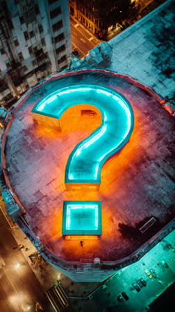A giant neon question mark on top of a building at night, with people walking around it and cars driving by below.の素材