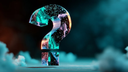 A large, colorful question mark with a nebula-like texture and glowing edges stands on an icy surface surrounded by misty clouds in space.の素材