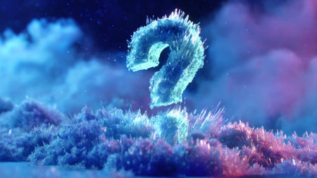 A large, glowing question mark composed of crystalline structures stands amidst a field of vibrant, sparkling particles in shades of blue and pink against a backdrop of swirling clouds.の素材