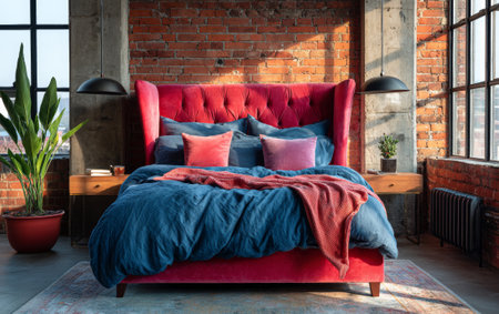 A red upholstered bed with blue and pink pillows in a loft-style apartment.の素材