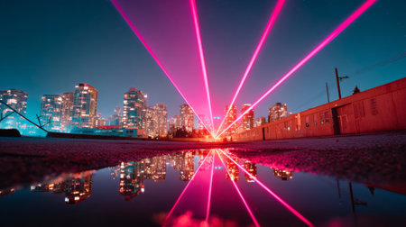 A stunning cityscape with neon laser beams reflecting in a puddle of water on the ground, creating an otherworldly atmosphere.の素材