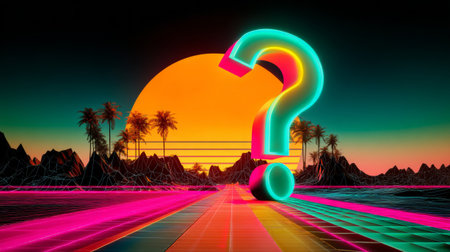 A glowing neon question mark stands out against a retro-futuristic landscape with vibrant colors and geometric shapes, evoking the nostalgia of '80s synthwave culture.の素材