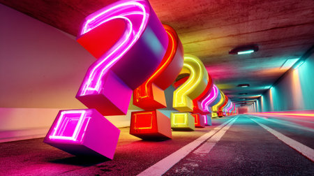 A series of colorful, neon question marks line a tunnel with vibrant lighting and motion blur effects.の素材