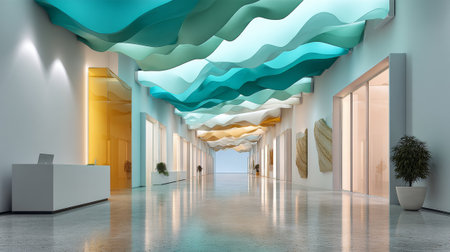 A modern hallway with a wavy, colorful ceiling and minimalist decor.の素材