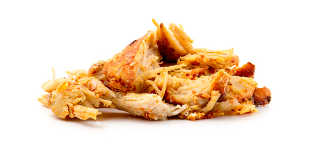 Shredded seasoned spicy tandoori masala chicken isolated on white background in studioの写真素材