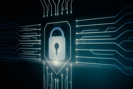 Digital security concept with lock and microcircuit on the background. 3D Rendering