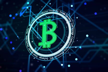 Bitcoin symbol with abstract circuit background. Cryptography and digital money concept. 3D Renderingの写真素材