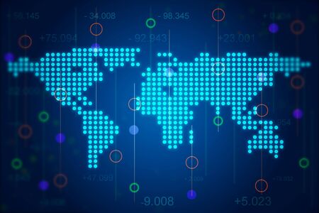 Creative dotted world map illustration with statistical data. Big data and analysis concept. 3D Renderingの写真素材