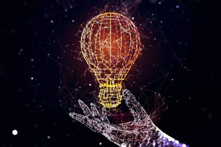 Digital illustration of hand holds a light bulb symbol, idea and creative concept. 3D Renderingの写真素材