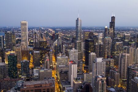 Chicago skyline at dusk, aerial view, USAの写真素材