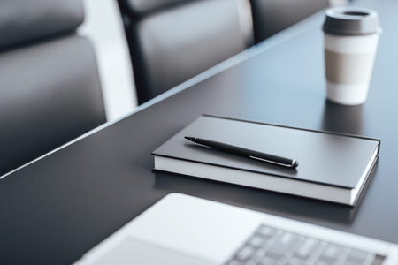 Close up of a notepad on black table. 3D Renderingの写真素材