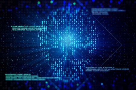 Digital Skull Hacking Concept on Blue Background. 3D Renderingの写真素材