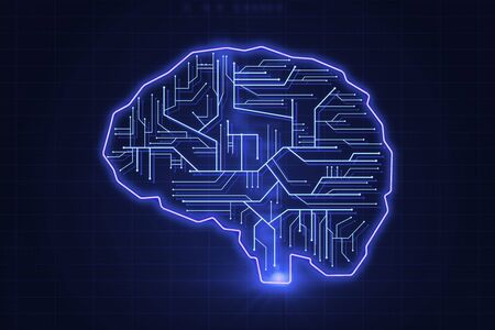 The human brain in the form of microchips on blue background. Artificial Intelligence and Neural Networks Concept. 3D Renderingの写真素材