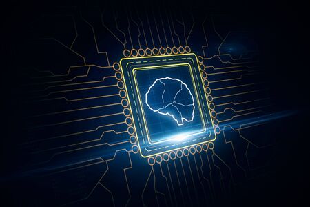 Computer processor with a silhouette of human brain. Artificial intelligence and machine learning concept. 3D Renderingの写真素材