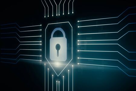 Digital security concept with lock and microcircuit on dark background. 3D Renderingの写真素材