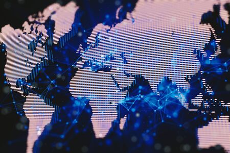 Digital dotted world map on dark background. Big data concept. 3D Renderingの写真素材