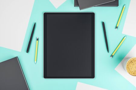 Top view of digital tablet on desk, mockup. 3D Renderingの写真素材