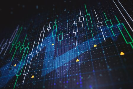 Abstract financial charts with upward arrow on a blue background. 3D Renderingの写真素材