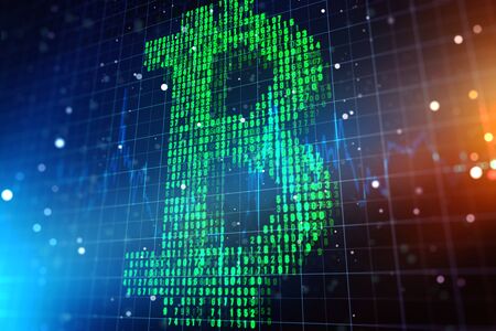 Glowing bitcoin symbol on blue background. 3D Renderingの写真素材