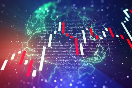Growing financial graph with candlesticks on a world map background. Investment and profit concept. 3D Renderingの写真素材