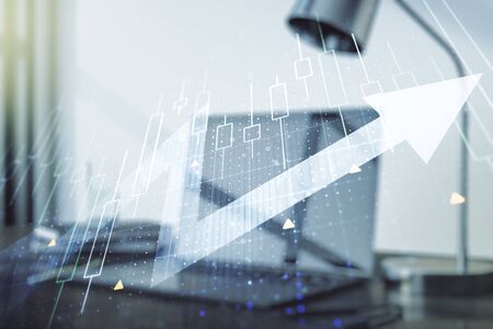 Double exposure of abstract creative financial diagram with upward arrow on computer background, growth and development conceptの写真素材
