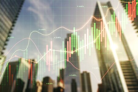 Multi exposure of abstract financial graph on office buildings background, forex and investment conceptの写真素材