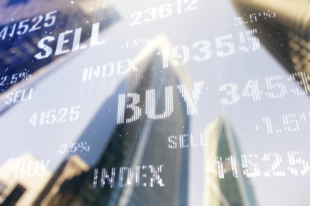 Multi exposure of abstract financial chart on office buildings background, research and analytics...
