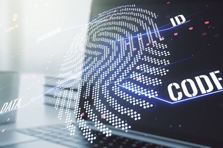 Abstract creative fingerprint illustration on modern computer background, personal biometric data concept. Multiexposureの写真素材