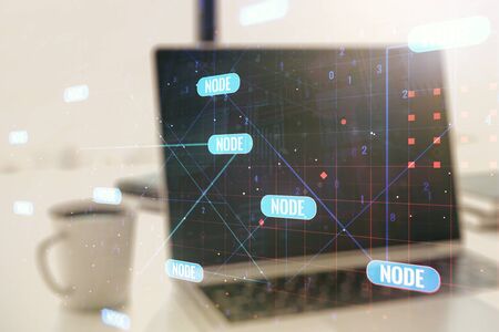 Multi exposure of abstract graphic coding sketch on modern computer background, big data and networking conceptの写真素材