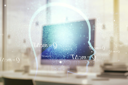 Creative artificial Intelligence concept with human head sketch on modern computer background....
